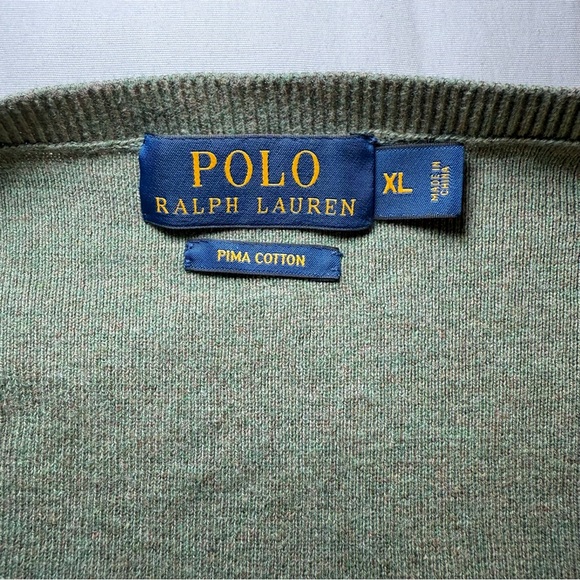 Polo Ralph Lauren Sweater Men Size XL Olive Green Long Sleeve V Neck Pima Cotton - Picture 2 of 9